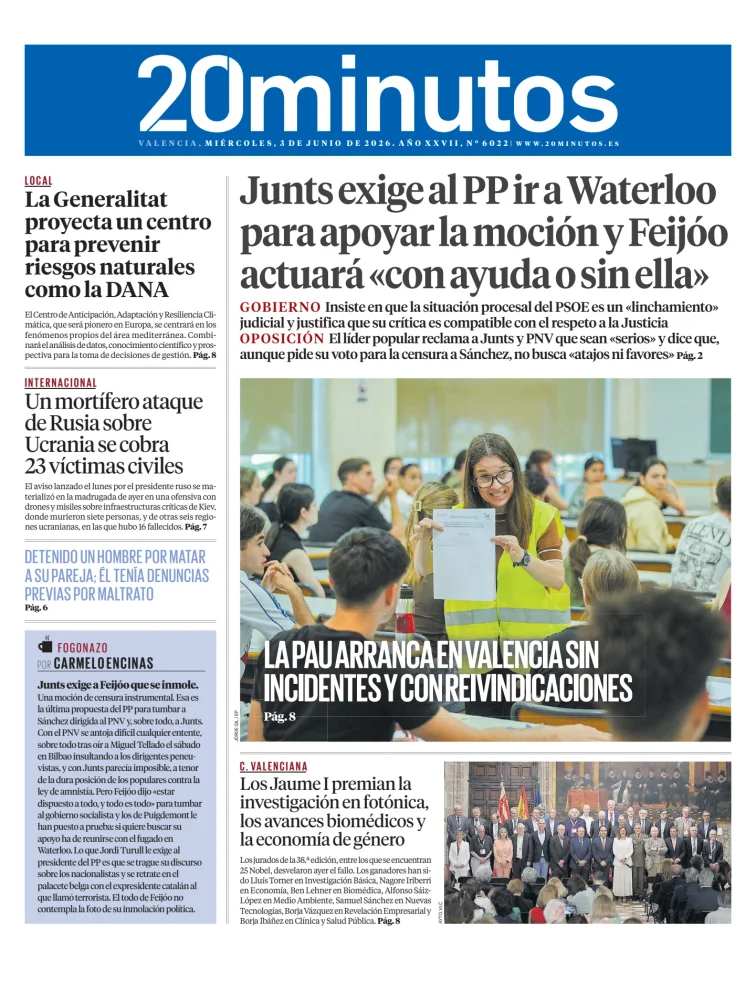 Portada de 20 Minutos Valencia, 3 de junio de 2026