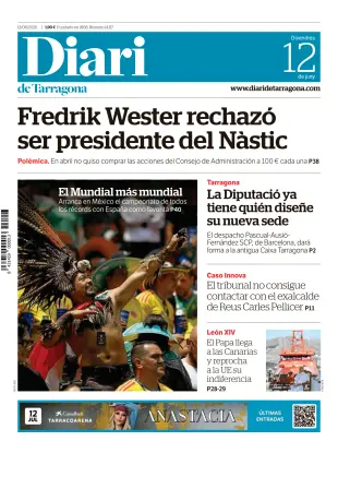 Portada de Diari de Tarragona, 12 de junio de 2026