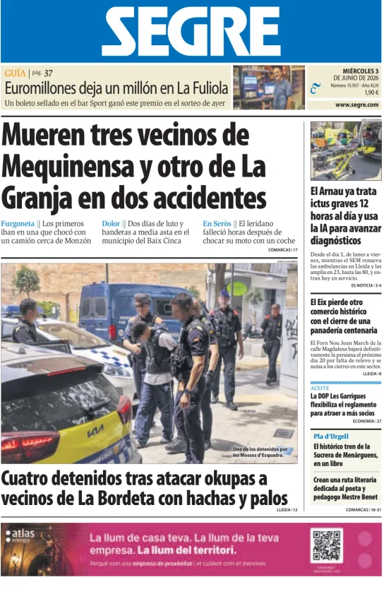 Portada de Diari Segre, 3 de junio de 2026