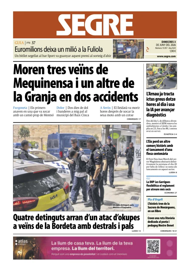 Portada de Diari Segre (Català), 3 de junio de 2026