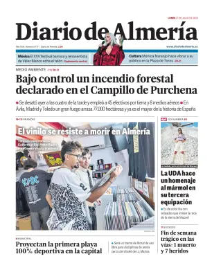 Portada de Diario de Almería, 27 de julio de 2026