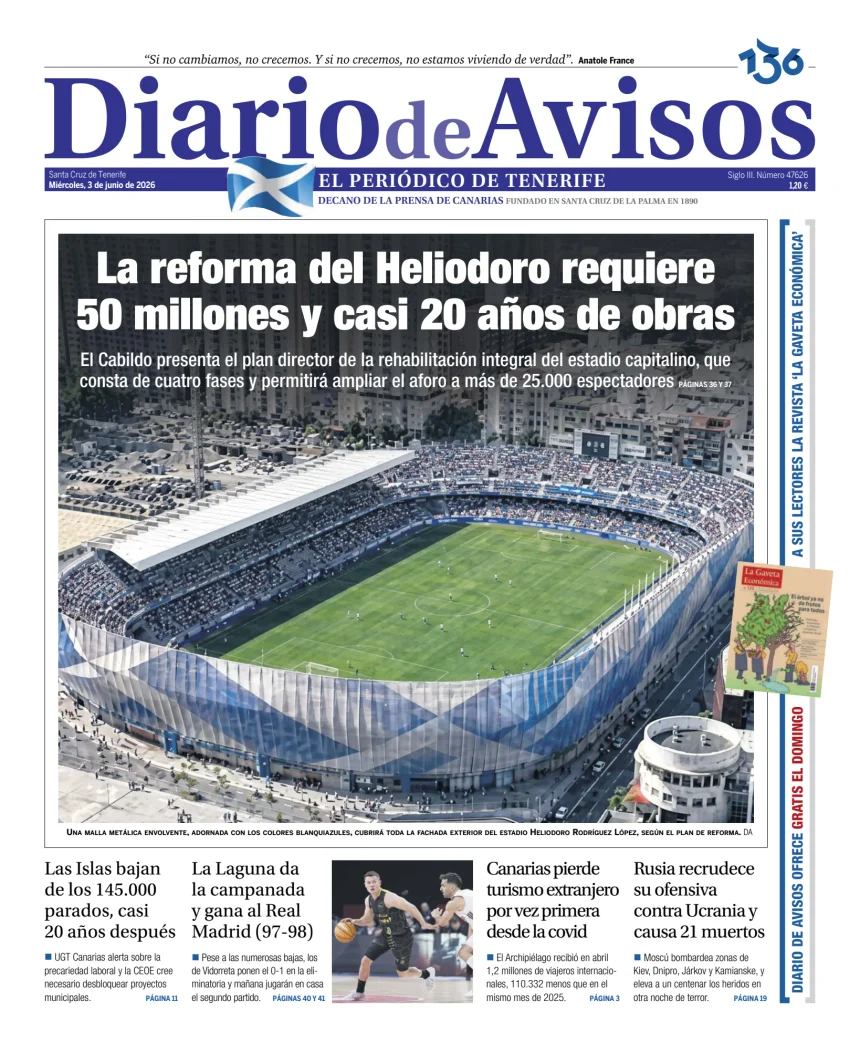 Portada de Diario de Avisos, 3 de junio de 2026