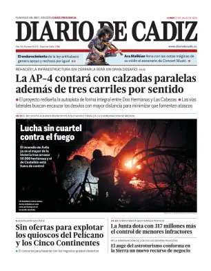 Portada de Diario de Cádiz, 27 de julio de 2026
