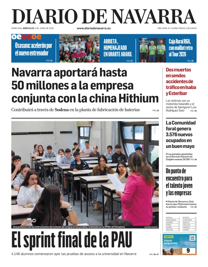 Portada de Diario de Navarra, 3 de junio de 2026