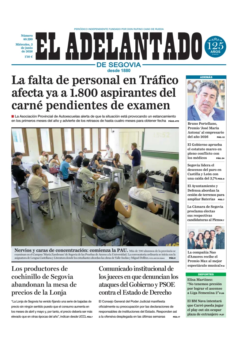 Portada de El Adelantado de Segovia, 3 de junio de 2026