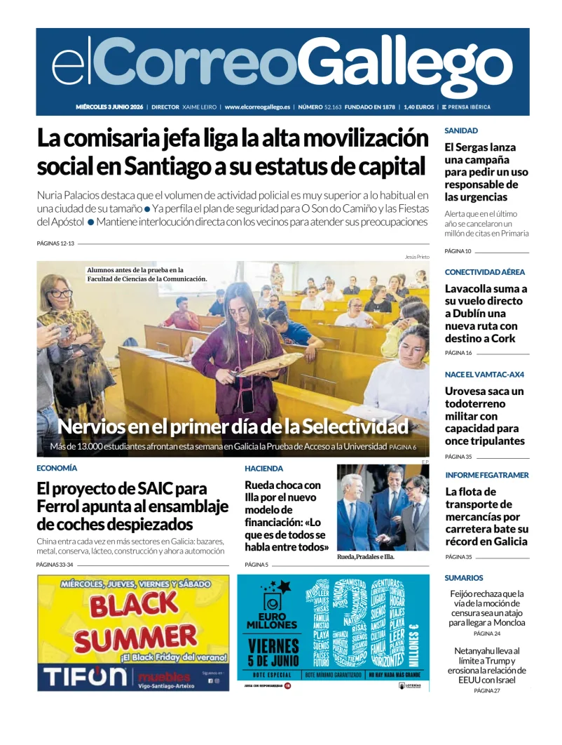 Portada de El Correo Gallego, 3 de junio de 2026