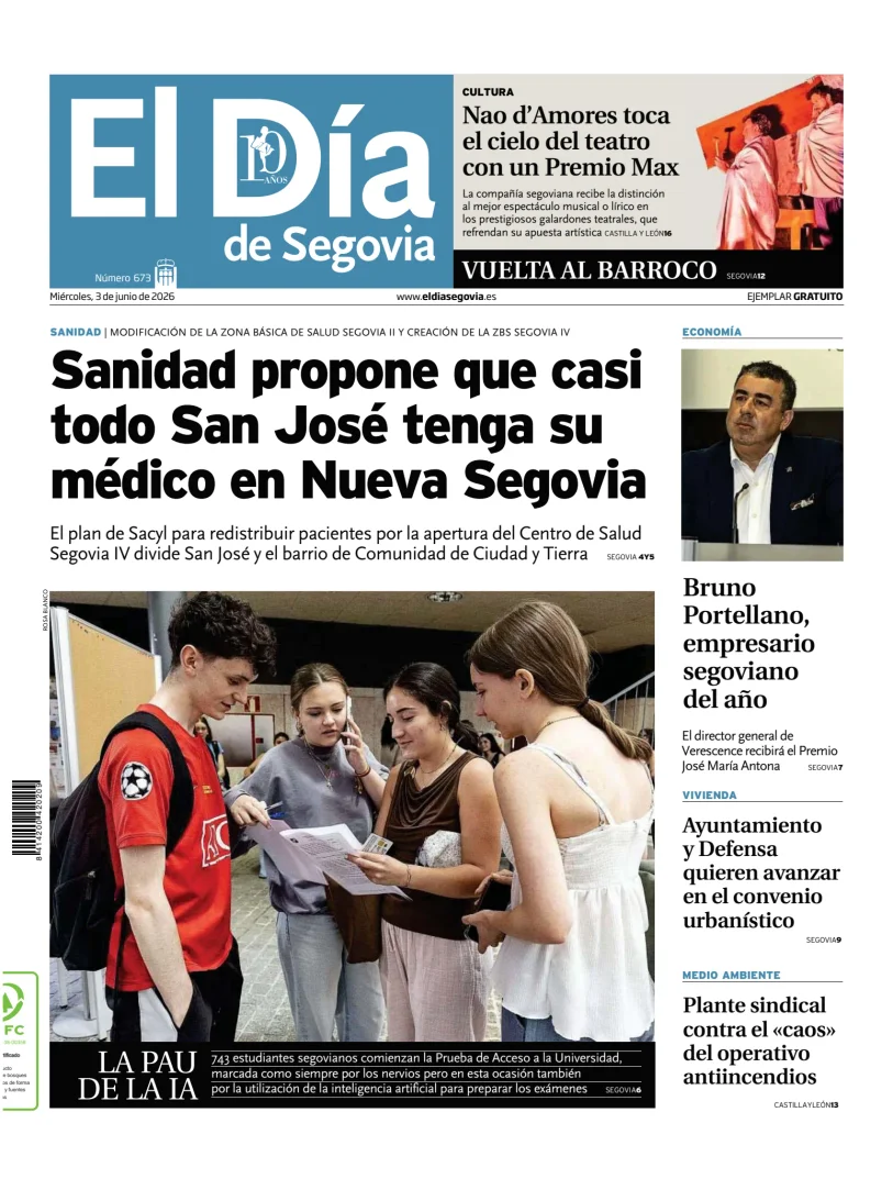 Portada de El Día de Segovia, 3 de junio de 2026