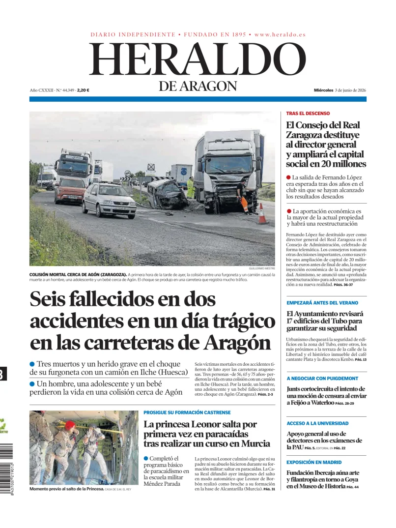 Portada de Heraldo de Aragón, 3 de junio de 2026