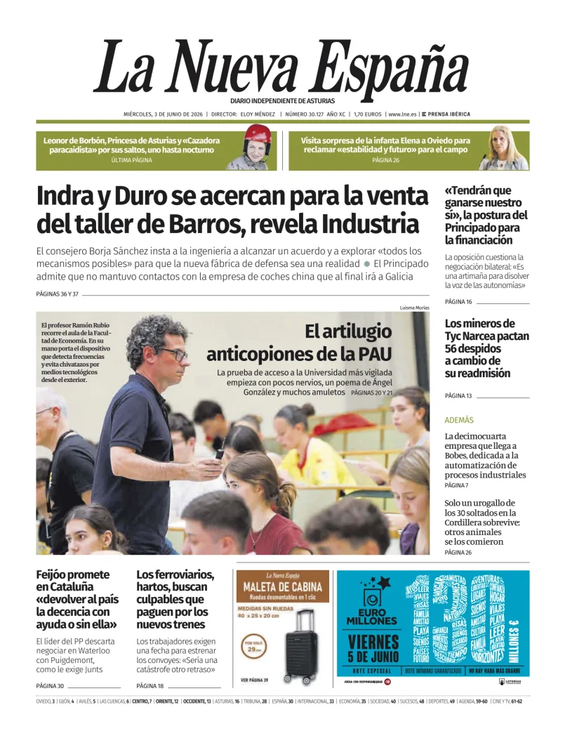 Portada de La Nueva España, 3 de junio de 2026