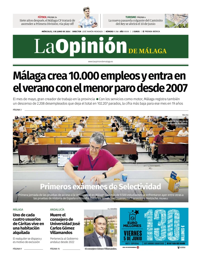 Portada de La Opinión de Málaga, 3 de junio de 2026