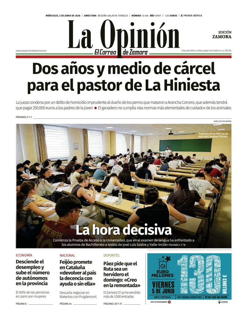 Portada de La Opinión de Zamora, 3 de junio de 2026