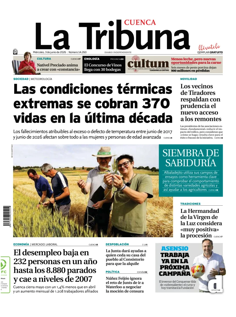 Portada de La Tribuna de Cuenca, 3 de junio de 2026