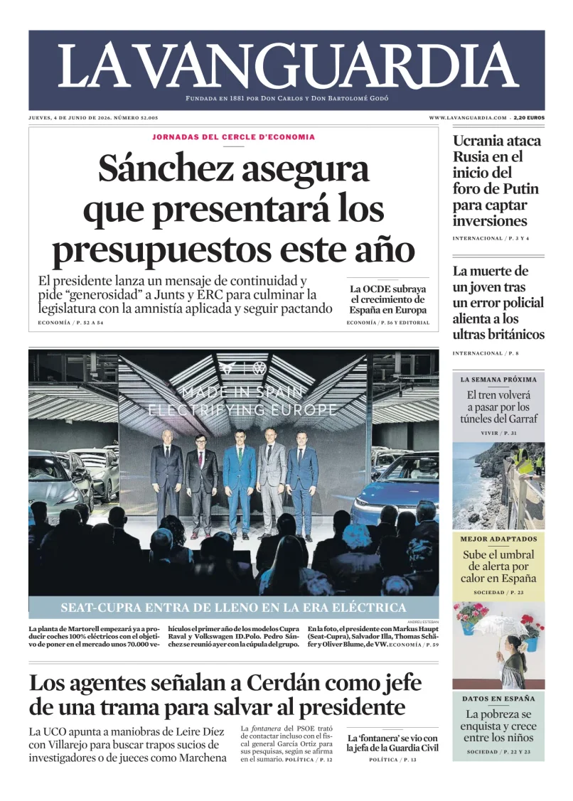 Portada de La Vanguardia, 4 de junio de 2026