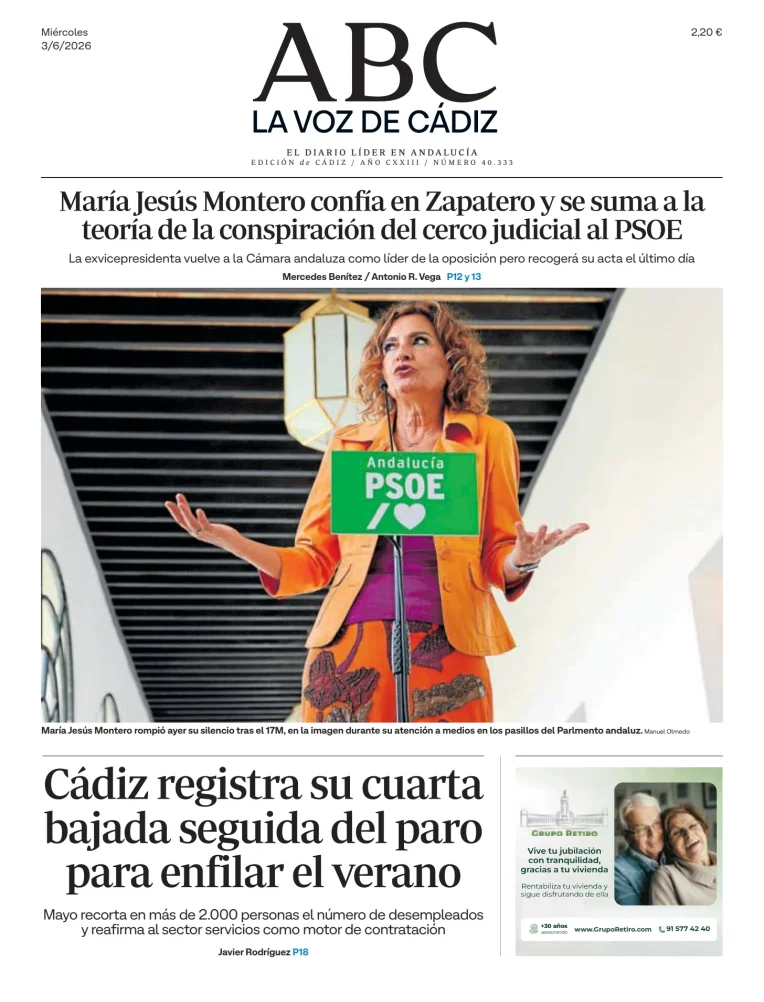 Portada de La Voz de Cádiz, 3 de junio de 2026