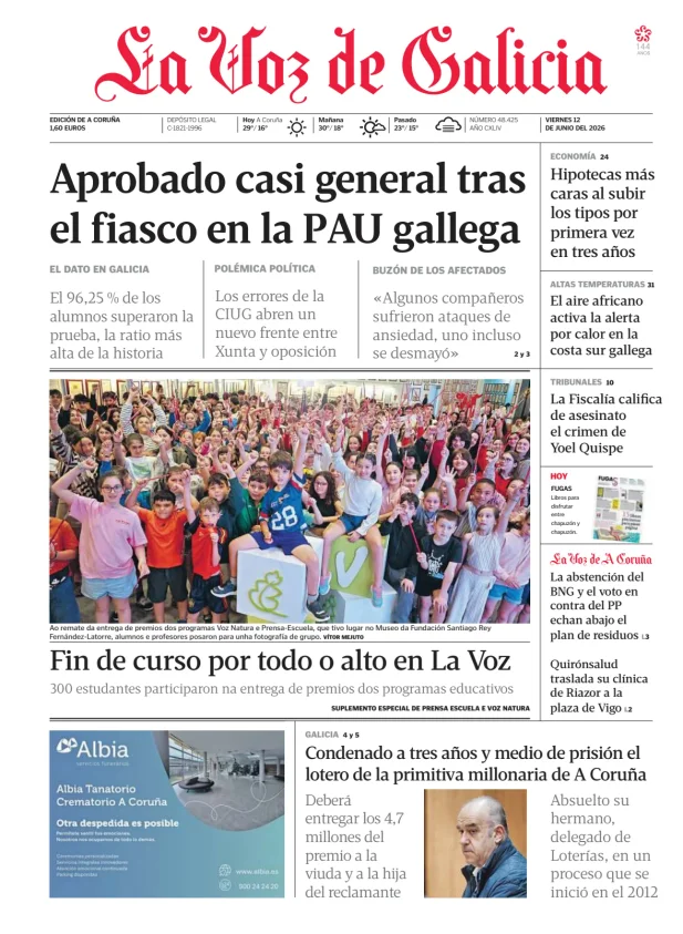 Portada de La Voz de Galicia (A Coruña)