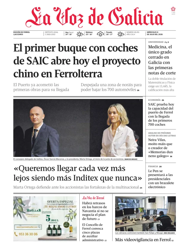 Portada de La Voz de Galicia (Ferrol)