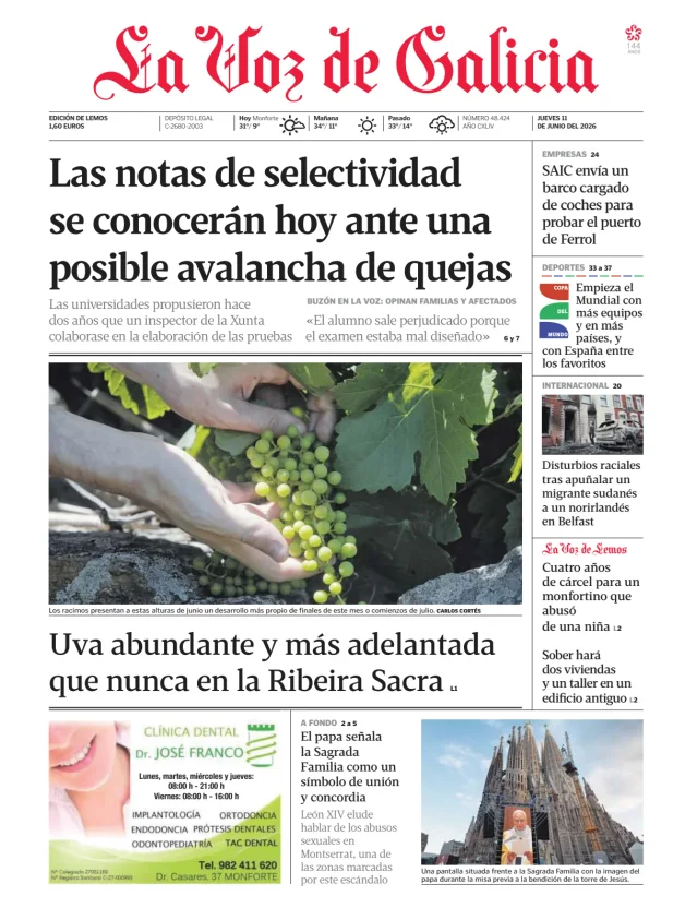 Portada de La Voz de Galicia (Lemos)