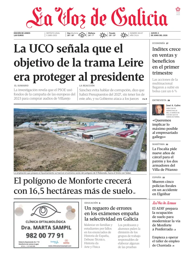 Portada de La Voz de Galicia (Lemos)