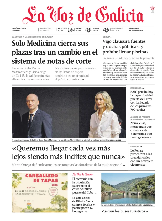 Portada de La Voz de Galicia (Lemos)