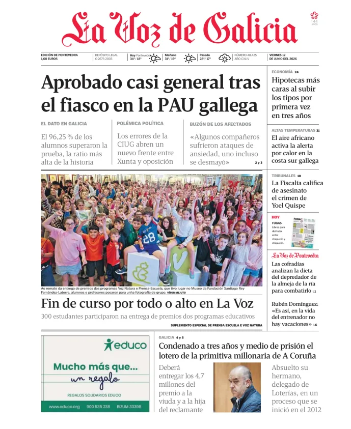 Portada de La Voz de Galicia (Pontevedra)