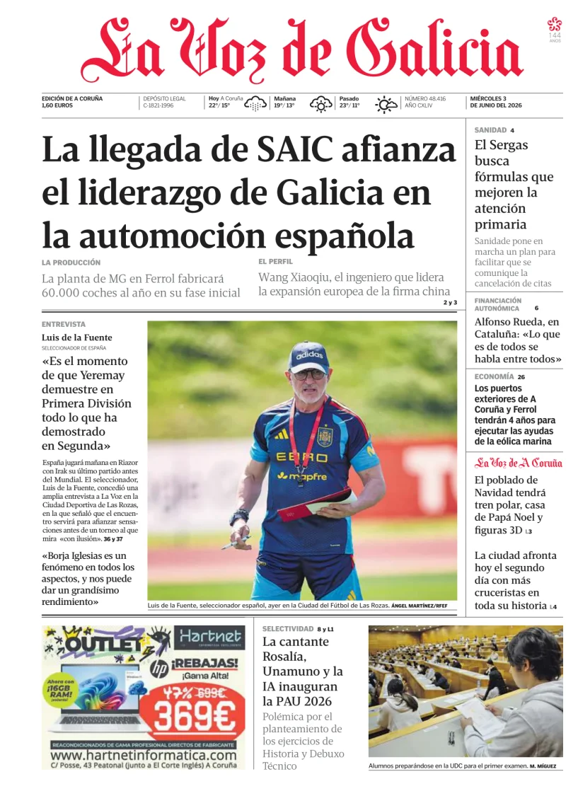 Portada de La Voz de Galicia, 3 de junio de 2026