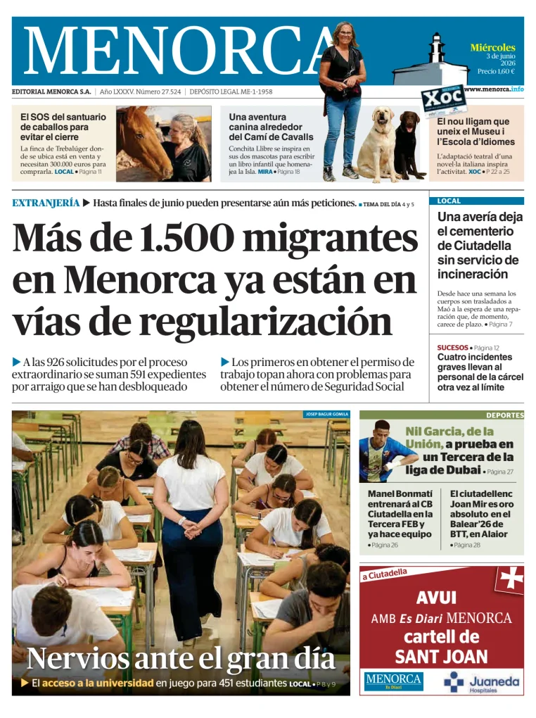 Portada de Menorca Diario Insular, 3 de junio de 2026